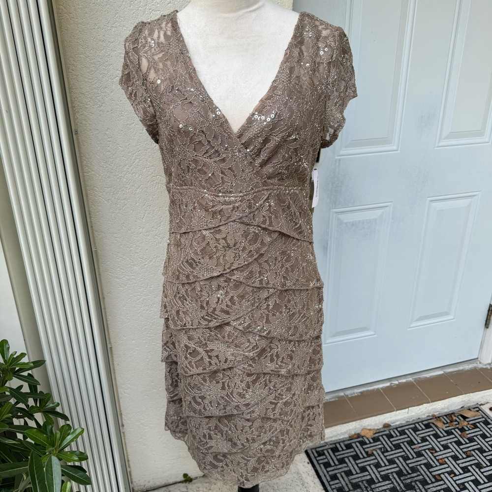 Taupe Lace Layered V-Neck Dress